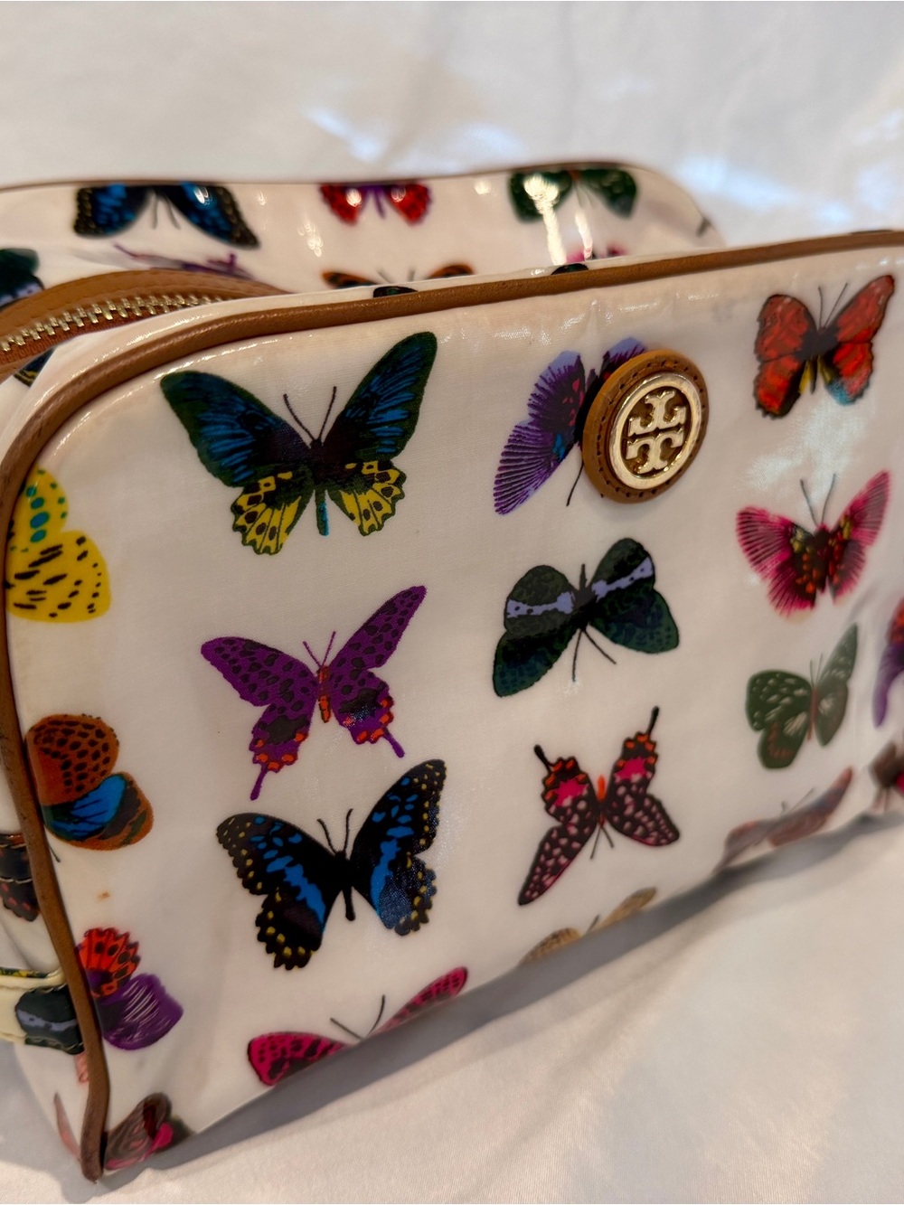 Tory Burch White Multi-Butterfly Travel Cosmetic Bag with Tan Trim